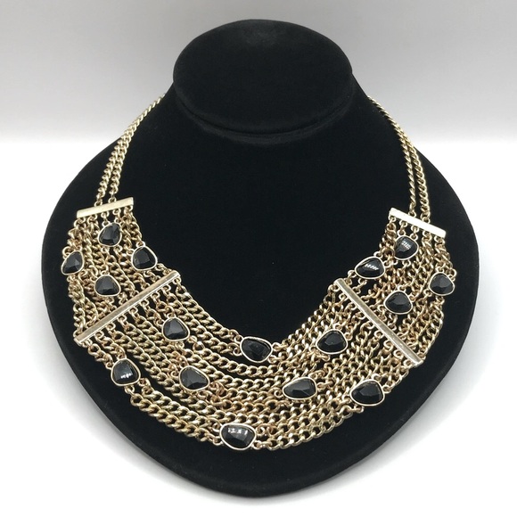 Unsigned Jewelry - Gold-Tone and Black Cabochons Multi Layered Chain Necklace